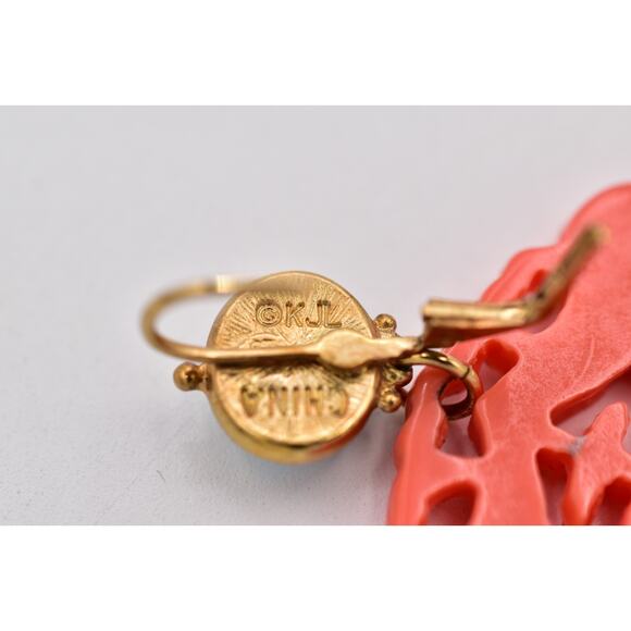 KJL Coral Carved Resin Cutout Drop Earrings Turquoise Oriental Signed Y2K BinBF - Picture 12 of 12
